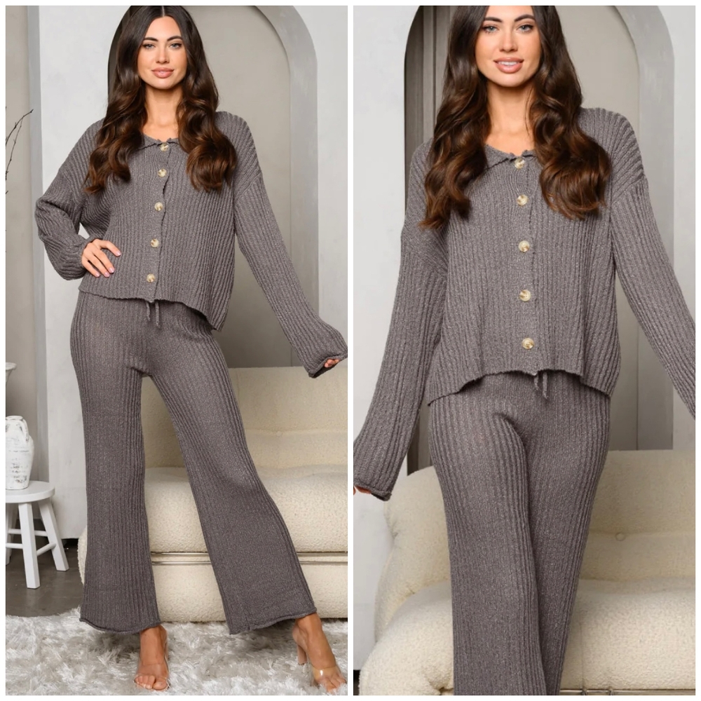 VERY J Charcoal Gray Chic 2-Piece Ribbed Top And Pants Set